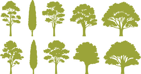The image is a collection of silhouettes of different types of trees. The trees are all depicted in a similar green color, and they are arranged in two rows.  Key Features © MDABDUL