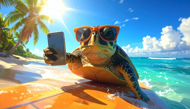 Penyu Laut Selfie di Pantai Tropis