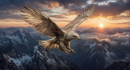 Fototapeta premium majestic golden eagle soaring over snow-capped mountains at vibrant sunset.