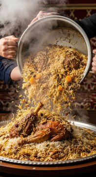 Steaming plate of traditional biryani dish.