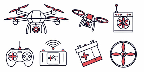 red and gray drone and drone accessories Vector © Ghgs