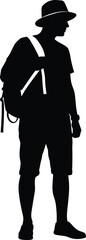 Traveler man silhouette wearing hat and backpack, tourist standing pose isolated on white background for travel, adventure and outdoor lifestyle concept