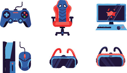 Vector Illustration Set Featuring Gaming Equipment Icons, Including Controller, Gaming Chair, VR Headset, Mouse, and Console for Esports and Gaming Designs