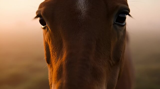Close-Up of a Horse's Face in the Morning Fog With Golden Sunlight