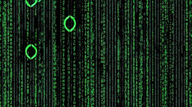 Digital Code Cascade: Abstract green digital code cascades down the screen, creating a dynamic and modern visual.