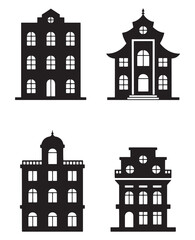 Fototapeta premium Collection of diverse architectural building silhouettes in black and white.
