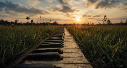 Fototapeta premium vintage piano keys in a lush green field at golden hour.