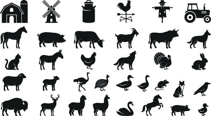 Farm animals and agriculture silhouettes set, barn tractor livestock birds rural farming elements vector illustration collection © MdAjibar