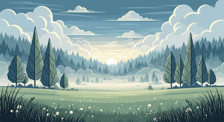 Serene mountain landscape with misty valley and dawn sun peeking through clouds © Sendal