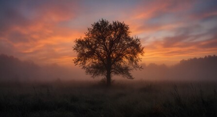 Obraz premium misty meadow with solitary tree silhouetted against vibrant sunrise sky.