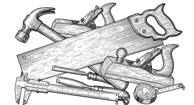 Assorted hand tools including a handsaw hammer and chisel for diy projects and woodworking tasks on a clean background