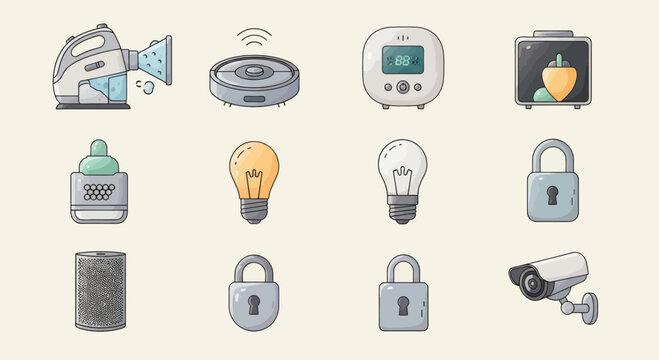 Collection of smart home devices, including a mister, robot vacuum, digital display, and security items