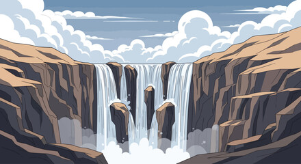 A grand waterfall cascades over rocky cliffs under a cloudy blue sky © Sendal