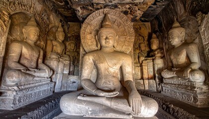 Obraz premium Carved Buddha statues in a cave temple