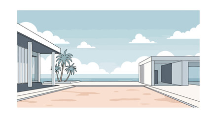 Fototapeta premium Modern buildings with palm trees at a sandy beach overlooking the ocean under clouds