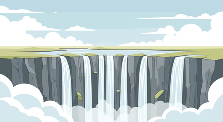 A vast, multi-tiered waterfall cascades into a misty abyss under a cloudy sky © Sendal