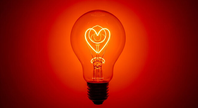 A light bulb with a heart shaped filament