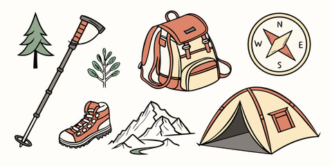 a camping gear set including tent and backpack Vector © rabbi
