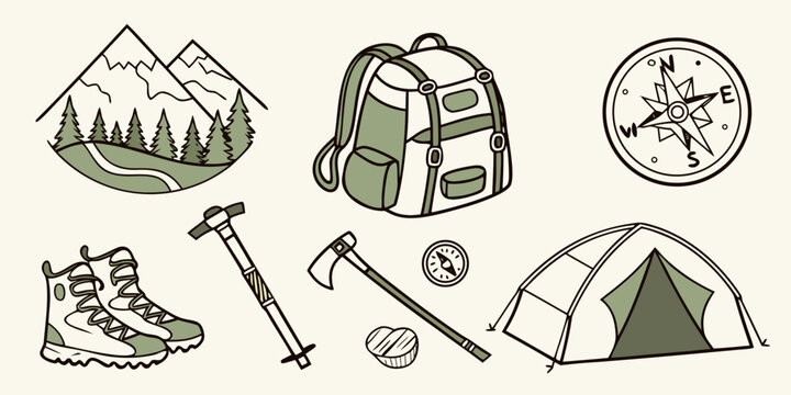 a collection of hiking and camping equipment Vector