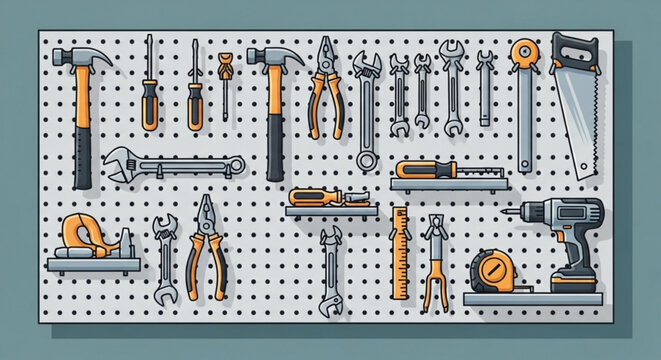 Variety of hand tools and equipment on a pegboard for diy projects and repairs