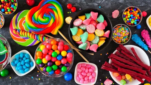 Colorful sweet candy buffet table scene. Slow rotating zoom motion. Above view over a dark background.