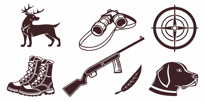 hunting icons including deer, rifle, and gear Vector