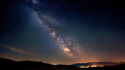 Obraz premium Starlit Horizon: Milky Way Over Mountain Silhouettes at Dusk