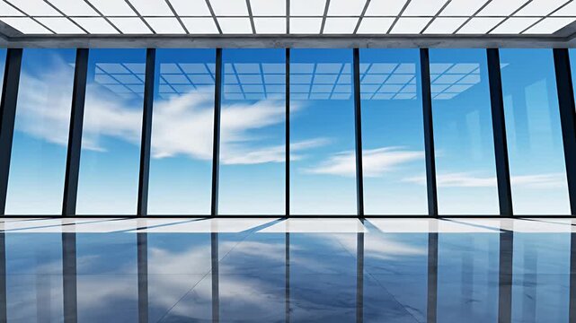 Empty modern office room with sky view through large windows