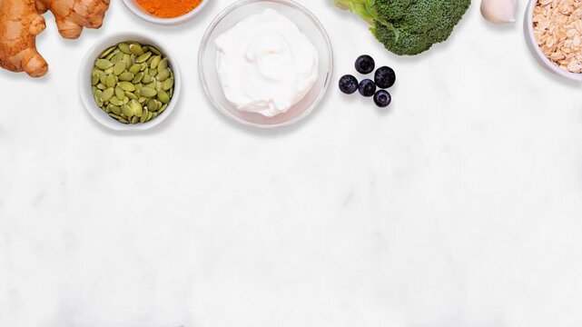 Set of healthy food ingredients. Stop motion placement video. Overhead view on a white marble background. Green vegetables, berries, whole grains, seeds, spices and nutritious super foods.