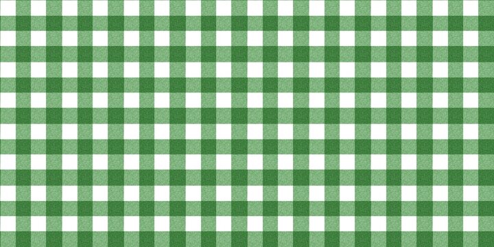 Seamless green and white gingham pattern with realistic fabric texture. Classic checkered plaid background for picnic, food, and textile design.
