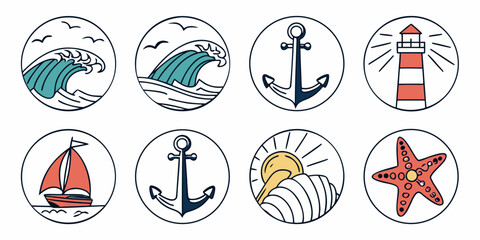 a set of nautical icons including sea creatures and anchors Vector © rabbi