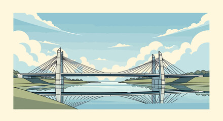 Fototapeta premium Modern cable-stayed bridge over tranquil water with sky reflections