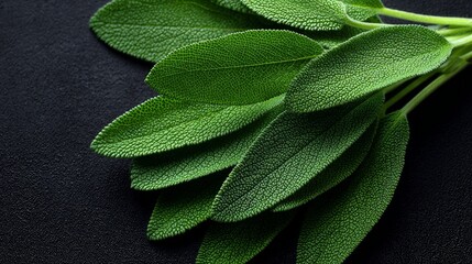 Obraz premium Sage leaves, green and close up, rest on a dark background.