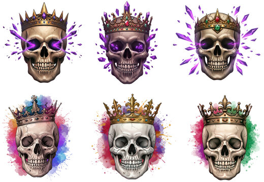 Fantasy king skulls with crowns, glowing crystals and watercolor splashes on transparent background