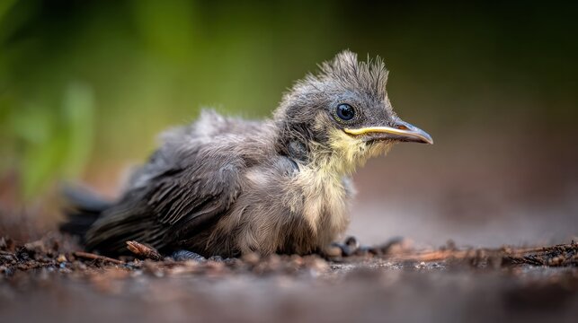 A fledgling bird with ruffled feathers on the ground near its nest. wildlife magazines, conservation campaigns, designed for eco-tourism storytelling, used by event planners.