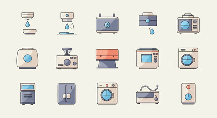 Assorted line-art appliances, including water dispensers, toasters, and washing machines