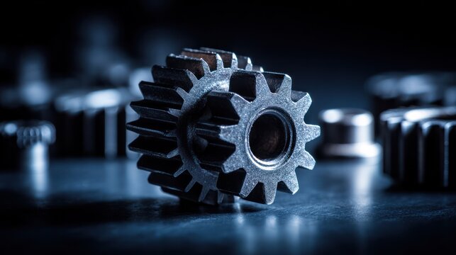 Large core gear standing still while smaller gears rotate around it in dynamic blur. product launch decks, UI/UX mockups, designed for technology presentations and innovation concepts.