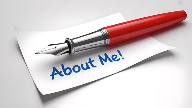Red fountain pen on note with 'About Me!' text