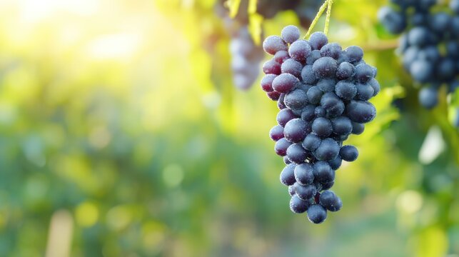 A single cluster of Cabernet Sauvignon grapes glistening with dew in a vineyard under soft sunlight. gardening catalogs, home-decor guides, designed for home decor and floral branding.