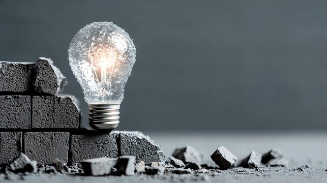 A shattered wall with a glowing light bulb symbolizes innovation and creativity emerging from adversity, highlighting the power of ideas to break through challenges and inspire cha