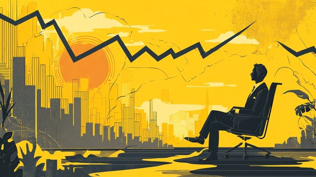 This illustration represents a business theme with a figure contemplating on growth trends in a cityscape, symbolizing ambition and strategic planning in a vibrant yellow backdrop.