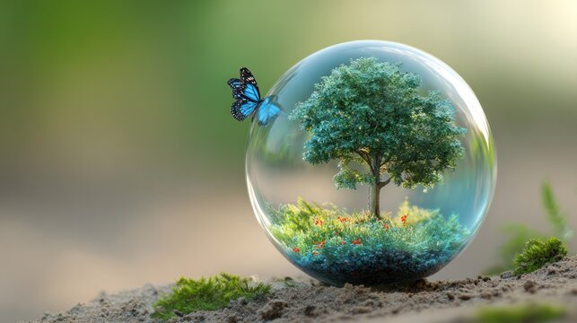 There are miniature trees and butterflies on the glass ball, representing environmental protection, soft lighting, and clean composition. ESG report.
