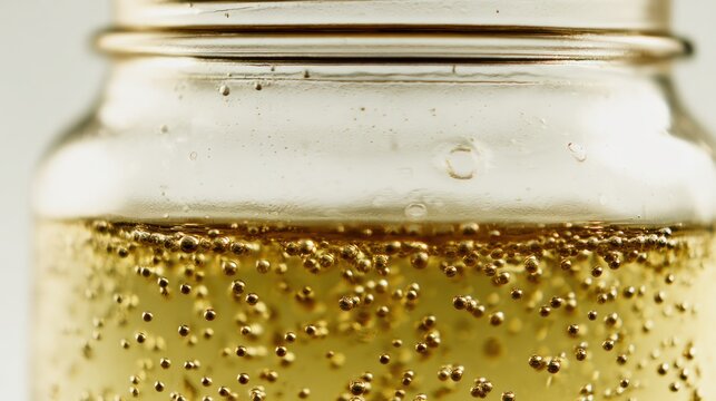 Time-lapse close-up of colorful liquid swirling in a glass jar with bubbles rising through the transparent mixture. bar promotions, beverage menus, designed for product packaging and bar promotions.