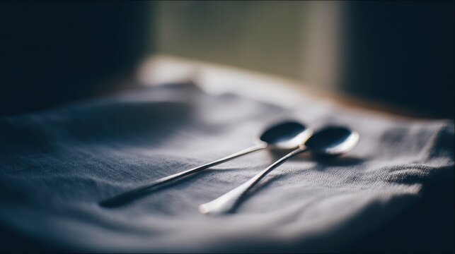 Two silver spoons crossed on a linen napkin, curved handles resembling a bird's beak. menu design, packaging mockups, designed for food delivery and cloud-kitchen brand materials.