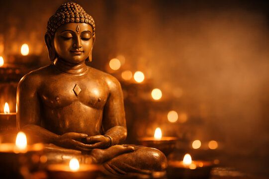 Tirthankar Lord Mahavir statue with golden aura celebrating Mahaveer Jayanti Jain festival spiritual devotion
