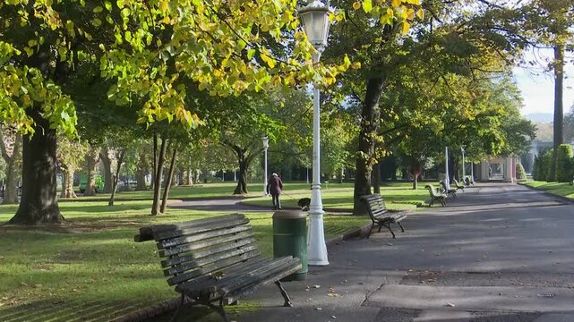 Urban park in Bilbao with gardens, fountains, trees, pergolas, and monuments. Green public space offering a peaceful environment where nature and city design meet.