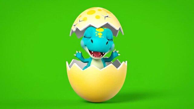 Cute Blue Cartoon Dinosaur Hatching from Egg on Green Screen