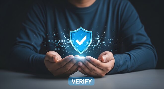 A person verifying security with a shield and checkmark