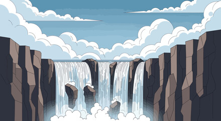 Dramatic waterfall cascades over jagged cliffs amidst a sky filled with fluffy clouds © Sendal