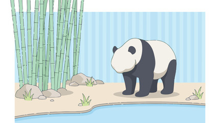 Cute cartoon giant panda standing by a pond in a bamboo forest © StockStudio
